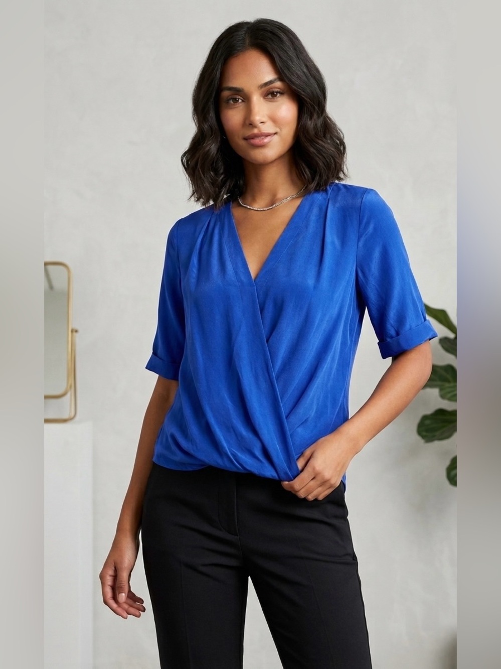 Amanda‎ Uprichard 100% Silk Surplice Wrap Top in Electric Blue - Size Small
